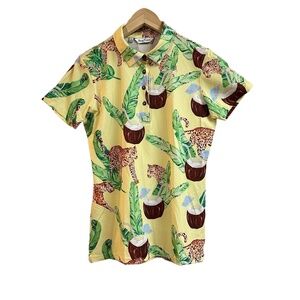 Kenny Flowers Women's Yellow Cheetah Coconut Palm Print Polo Shirt Size L